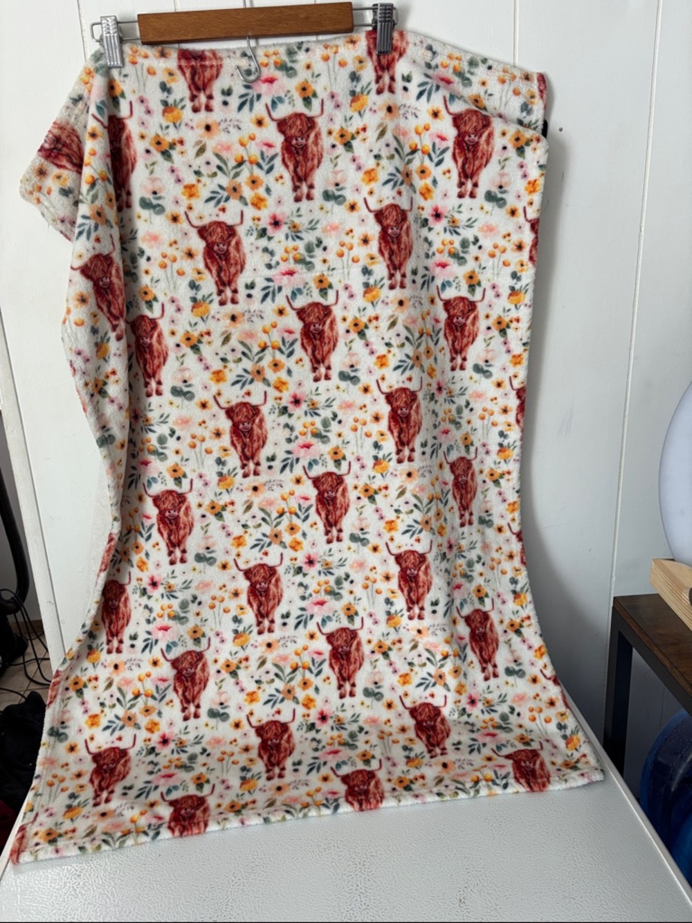 Floral & Highland Cow Plush Baby Blanket - Cream Base with Rust Accents